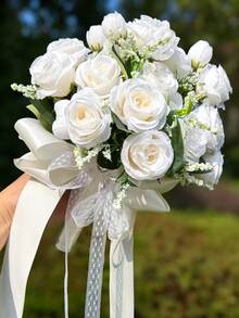 10-Inch Heart Crystal Bridal Bouquet, Lace Bow Silk Rose Wedding Ceremony Prop, Graduation Prom Gift - Multicolor - View 3