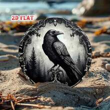 2D Flat Design - 1pc Black Round Metal Plaque, 2D Flat Design, Raven Pattern. This 7.8X7.8 Inch Gothic Style Metal Tin Plate Has A Mysterious Wall Decor Function, Suitable For Home, Garage, Dining Area Or Cafe - A - View 4