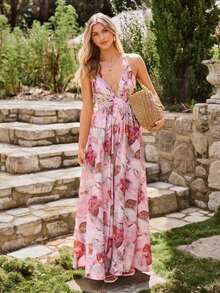 YkhahaKARISMINA Vestido de una pieza con cuello en pico, espalda abierta cruzada y estampado de leopardo para primaveraYkhaha - Rosa - Ver 3