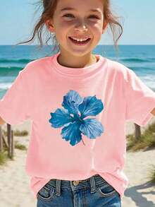 Blue Flower Print Design Printed T-Shirt For Children - 粉色 - 查看 8