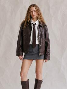 OUTTA BOX Vintage Distressed Washed PU Casual Women Jacket For Autumn - Mocha Brown - View 3
