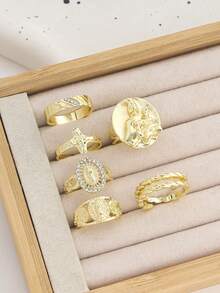 6件套Y2K金色调戒指，混合元素，包括十字架，适合叠戴 - 金色 - 查看 3