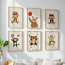 1幅帆布墙画，带框儿童房墙面装饰画，趣味动物主题儿童房墙面装饰画，图案包括踩滑板的狮子和老虎、拿着气球的豹子、打网球的猴子、荡秋千的考拉和踩滑板的熊等奇趣设计，中性儿童房装饰，带框，可直接悬挂。 - 彩色 - 查看 2