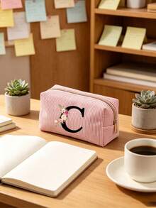 Customized A-Z Letter Corduroy Pencil Case, Customized Initial, Back To School Essential Pencil Bag, Valentine's Day Gift Makeup Bag, Ramadan Gift Choice, Large Capacity Travel Cosmetic Organizer (Smooth Zipper), Fresh And Cool Pink & White Letter Print Design, Lightweight And Foldable, Portable And Easy To Store, Thoughtful Gift For Girlfriend/Bridesmaid, Durable Toiletry Organizer For Home And Travel, Popular Back To School Gift - Multiple Styles - View 3