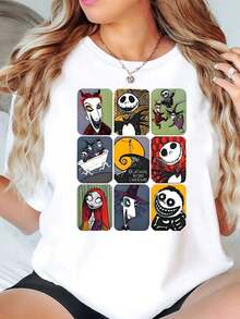 Nightmare Before Christmas Characters Grid Print Disney Women T Shirt Round Neck Short Sleeve Casual Wear Halloween Costume Soft Comfortable 220g - trắng - Xem 1
