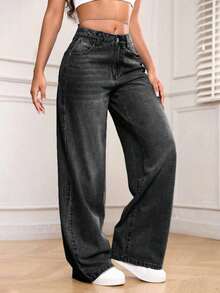 PETITE Jeans de mezclilla holgados de pierna ancha y bolsillos versátiles para mujer - Negro - Ver 7