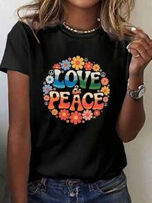 Summer Outfits For Women: Hippie-Style LOVE & PEACE Graphic T-Shirt For Women – Short-Sleeved Round Neck Casual Top With Bright Floral And Peace Symbols, Medium Stretch, Machine Washable Fabric For Summer And Spring, Everyday Wear, Retro Fashion, Non-Transparent Material, Loose And Comfortable Tops. - 白色 - 查看 8