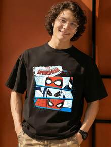 Men's MARVEL Spider-Man Comic Strip Design Graphic T-Shirt, 100% Cotton Summer Streetwear Tee, Great Gift Idea - Black - View 5