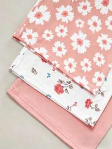 3pcs Women Casual 7/10 Length Shorts, Daisy & Rose Floral Print, Solid Color, Elastic Waist, Loose Fit Pajama Pants - Coral Pink - View 4