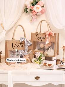 Personalized Bridesmaid Linen Tote Bag With Name, Customized Jute Bag, Letter Print Beach Bag, Monogrammed Gift Bag For Bachelorette Party - Multicolor - View 10