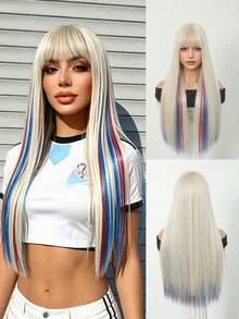 7JHH WIGS 女款白色紅藍電音派對假髮 26英吋長直髮附瀏海 合成耐熱纖維萬聖節彩色造型假髮 適用節慶穿搭、派對與Cosplay - 彩色 - 查看 2