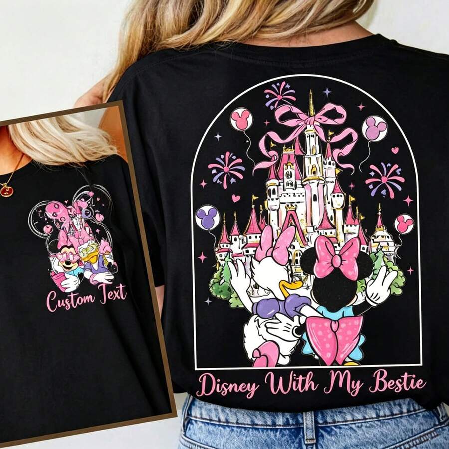 Camiseta holgada de Disney "Girls Just Wanna Have Fun" de los años 90, estilo castillo, unisex, 100% algodón, de manga corta y casual, con estampado gráfico de Minnie y Daisy - Negro - Ver 1