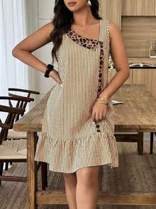 Weeklong Vestido de línea A con cuello asimétrico, parches y estampado de leopardo, contraste de colores, para mujer talla, casual, para vacaciones, primavera/verano - Multicolor 2 - Ver 3