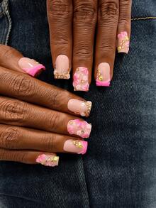 10pcs Y2K Nails Square Press On Nails Set - Handcrafted, Pink Nails, Gold Nails, Pink French Tip Nails, Handmade 3D Pink Flowers Nail Art, Hand Drawn Pink Gradient Nails, Pink Little Flowers And Gold Rhinestone Decoration, Nails Handmade, Sparkling Gold Sea Star And Gold Seashell Decoration, Delicate Graceful Nails - Perfect For Parties & Casual Attire, Perfect Holiday Gift For Women And Girls - Multicolor - View 4