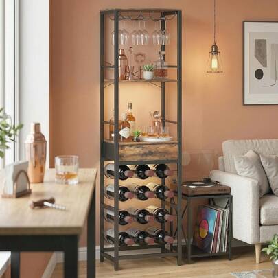 HOMCOM Weinregal Flaschenregal Für 12 Weinflaschen, Mit Glashalter Und Schublade, Standregal, Weinhalter Für Küche, Rustikal Brown 40 X 30 X 148 Cm