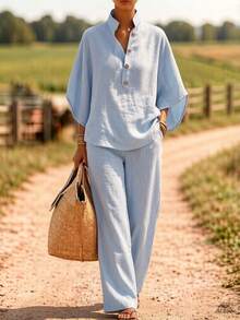 2026 Spring/Summer Casual Buttoned Shirt And Wide-Leg Pants Linen Two-Piece Set Women's Linen Two-Piece Set - Apricot - View 7