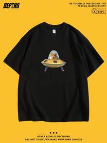 100% Cotton. Fashionable Men's Printed T-Shirt. One-Piece, Featuring A Fun And Creative Cartoon Motif, Crew Neck, Pure Cotton, Short Sleeves, Casual Style For Everyday Wear. A Summer Essential. - Black - View 1