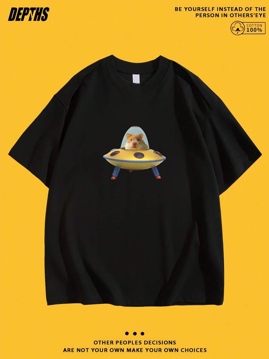 100% Cotton. Fashionable Men's Printed T-Shirt. One-Piece, Featuring A Fun And Creative Cartoon Motif, Crew Neck, Pure Cotton, Short Sleeves, Casual Style For Everyday Wear. A Summer Essential. - Black - View 1