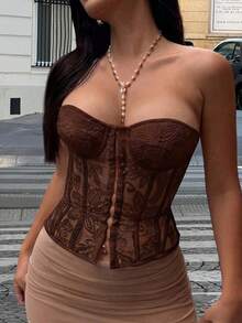 Apperloth A Y2K 花卉刺繡 Bustier 半透網紗前扣式開襟 後背綁帶露背塑形抹胸上衣 夏季款 - 咖啡 - 查看 3
