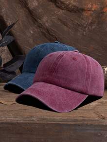2pcs Unisex Solid Color Adjustable Washed Baseball Cap, Casual Outdoor Fashion - Navy Blue + Wine Red - View 2