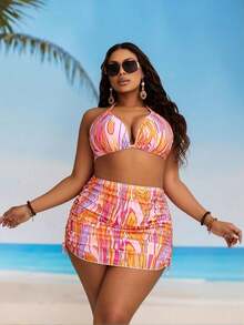 2026 New Pink Orange Gradient Halter Bikini Set With Drawstring Skirt Cover Up, 3 Piece Vacation Swimwear - Nhiều màu - Xem 2