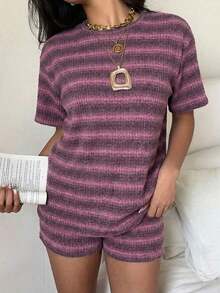 Conjunto de camiseta de manga corta y pantalones cortos de punto a rayas para mujer de estilo casual - Rosa 2 - Ver 3
