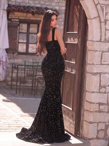 Faeriesty Women's Shiny Sequin Mermaid Dress, Sleeveless Spaghetti Strap Neckline Design, Open Back, Suitable For Formal Party Occasions Wedding Black - 黑色 - 查看 1