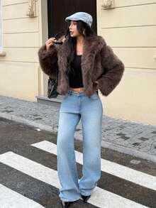 DEEKA 秋冬新款加厚仿狐狸毛领夹克，时尚合成皮草大衣，年轻有型 - 棗褐色 - 查看 3