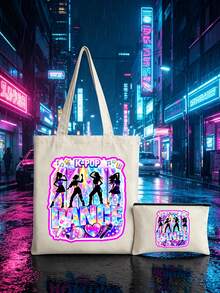 K-Pop帆布托特包，印有「Dance」與酷女孩偶像圖案，大容量肩背包，手繪插畫肩背包，粉絲周邊禮物，通勤與購物袋，可折疊大容量休閒購物袋，適合各種場合，適合旅行、演唱會、粉絲活動、派對、日常使用，理想的生日禮物、偶像周邊禮物、節日禮物、演唱會禮物 - 彩色 - 查看 4