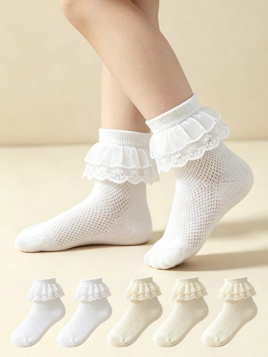 5 Pasang Kaos Kaki Dansa Katun Bernapas Berbahan Jala Warna Polos untuk Anak Perempuan, Kaos Kaki Kasual Gaya Putri dengan Hiasan Renda untuk Balita - MultiWarna - View 1