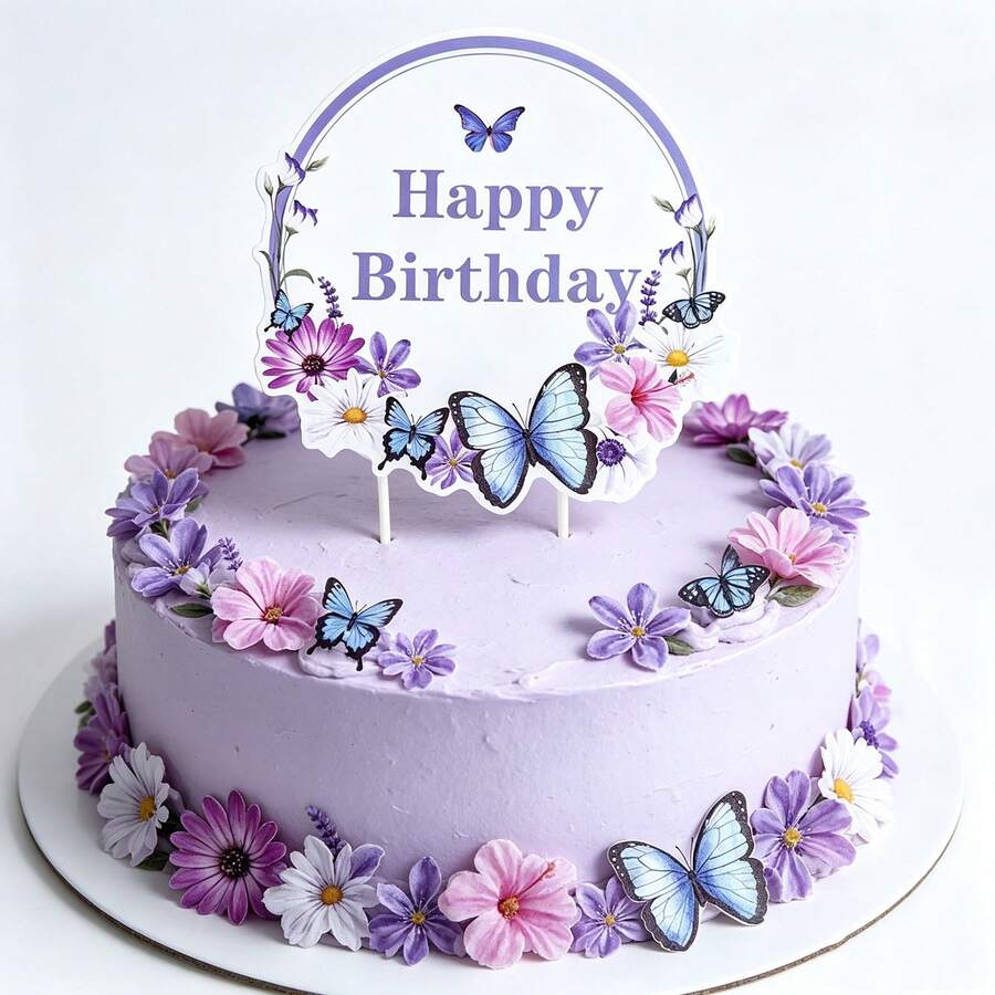 35pcs/24pcs/1pc Purple Butterfly Happy Birthday Cake Cupcake Topper With Ribbon Set, Girls Birthday Party Cake Decoration - Multicolor - View 1