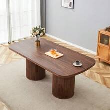 Modern Oval Dining Table With Fluted Central Leg, High Quality MDF Top With Wood Look, In Wabi-Sabi And Mid-Century Style For The Kitchen. - Brown - View 2
