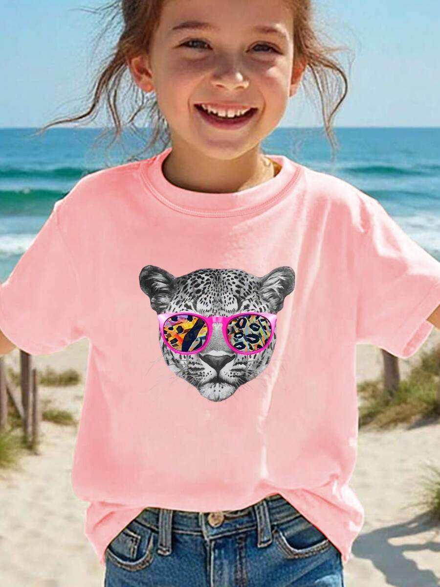 Cheetah With Sunglasses Pattern T-Shirt For Girls - Pink - View 1