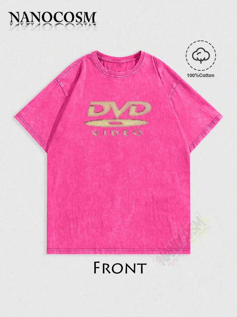 [100% Cotton] DVD Video Nostalgic Green Logo Vintage Gaming Print T-Shirt 2000s Aesthetic Retro Summer Shirt - Unisex Women & Men's Campus Daily Wear - Washed T - Red - 查看 1