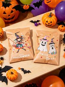 1 Set Halloween Paper Gift Envelopes, 4 Cute Designs Including Pumpkin, Witch, And Skeleton Bone Prints, Kraft Paper Bags, Candy Bags, Snack Bags, Party Favor Bags, Halloween Party Decorations, Holiday Atmosphere Props - Halloween Pumpkin - View 4