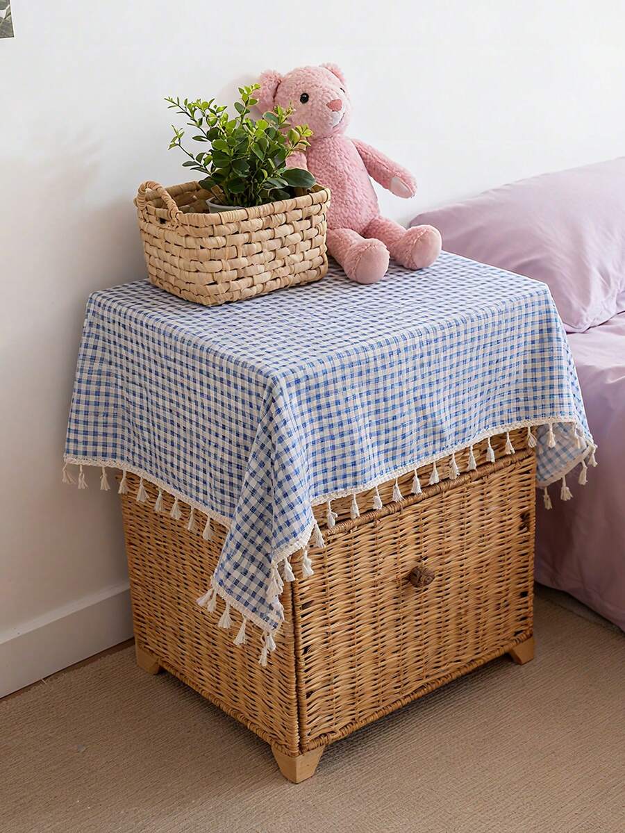 Tokoto Blue Gingham Tablecloth With Tassel Fringe, Farmhouse Cotton Linen Table Cover For Dining Table, Nightstand & Coffee Table Decor, Rustic Boho Plaid Style