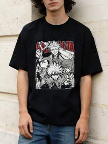 T-shirt casual de verão para homem, macia, de gola redonda e manga curta, com estampado gráfico de personagens de anime de desenhos animados japoneses, adequada para fãs de manga. - Preto - Ver 3