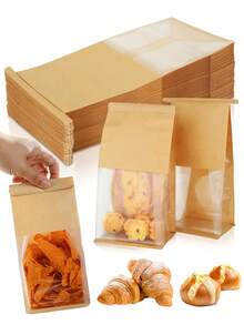 50pcs Window Baking Bags, 5.1x3.9x11 Inch Tin Tie Sealable Reusable Bags, Suitable For Packaging Bagels, Bread, Pastries, Coffee Beans, Fries, Baked Goods, For Bakery And Home Use - Kraft Paper Color - View 2