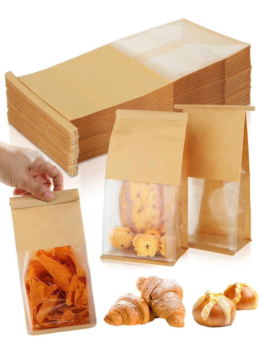 50pcs Window Baking Bags, 5.1x3.9x11 Inch Tin Tie Sealable Reusable Bags, Suitable For Packaging Bagels, Bread, Pastries, Coffee Beans, Fries, Baked Goods, For Bakery And Home Use