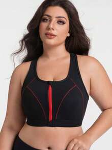 Front Zipper/Contrast Color/Women Plus Size/Removable Padded/Outdoor/Yoga/Sports Bra - Black - View 2