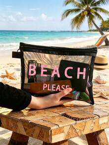 Borsa da spiaggia in rete con la scritta "Beach_please", pochette cosmetica portatile per rossetti e cuscinetti, borsa da toilette con design costiero, organizer da viaggio per il trucco trasparente e spaziosa, borsa da spiaggia in stile hawaiano perfetta per le vacanze al mare, borsa della spesa portatile, ideale per vacanze, fitness, regali per la festa della mamma, San Valentino, insegnanti e donne in viaggio, brevi viaggi e necessità di viaggio - Multicolore - Visualizzare 12