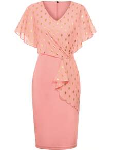 Vestido de chifón ajustado tipo lápiz para mujer, con volantes, cuello en V, estampado de lunares, largo hasta la rodilla, para cócteles y fiestas de verano. - Rosa - Ver 1