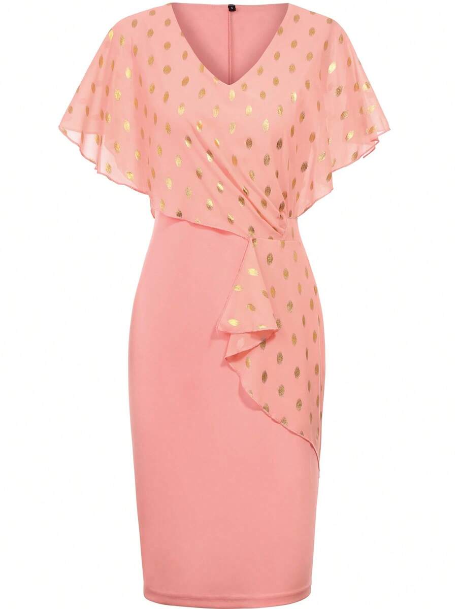 Vestido de chifón ajustado tipo lápiz para mujer, con volantes, cuello en V, estampado de lunares, largo hasta la rodilla, para cócteles y fiestas de verano. - Rosa - Ver 1