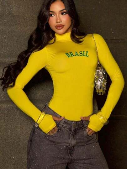 Body Feminino Brasil Manga Longa Gola Alta Tecido Romantic Amarelo Ajustado ao Corpo
