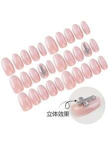 30片杏仁形/韓式 3D印花簡約十字設計假指甲貼片，適合女性，適用於派對、節日與日常使用，含1件凝膠膠水與1件指甲锉 - 彩色 - 查看 4