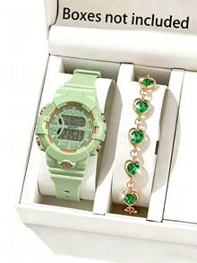 Casual Electronic Watch For Middle And High School Students, Minimalist Versatile Wristwatch And Heart Bracelet Set, Suitable As Back To School, Graduation Season, Valentine's Day Gift - Multicolor - View 13
