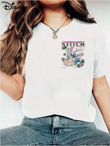 T-shirt 100% coton sous licence officielle Disney, T-shirt à manches courtes unisexe, Véritable impression sous licence de Stitch, Top décontracté à manches courtes doux et agréable sur la peau, stretch, t-shirt à manches courtes et col rond stylé pour femmes - Blanc - Voir 2