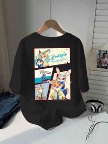 Disney Officially Licensed 100% Cotton T-Shirt, Unisex Short-Sleeve T-Shirt, Disney-Authorized Women's T-Shirt |     Zootopia Design Short-Sleeve Crew-Neck Casual Top For Spring And Summer, Soft And Breathable Fabric For Theme Events And Everyday Wear - 黑色 - 查看 2
