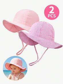 2Pcs Baby Girls' Strawberry Print & Solid Wide Brim Sun Hat, Adjustable Chin Strap UV Protection Bucket Hats For Toddler Kids Summer Beach Outdoor Activities - 2pcs - View 11
