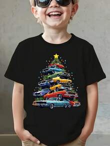 Christmas T-Shirt For Boys - Short-Sleeved Christmas-Themed T-Shirt For Boys - Modern Print Of Cars And Christmas Trees - Perfect For Everyday Wear And Outdoor Activities - 黑色 - 查看 6